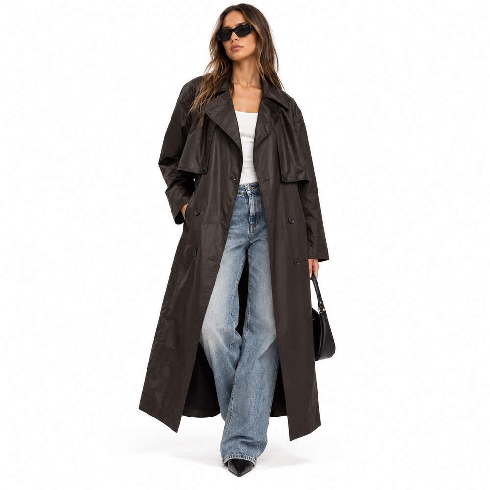 Zara Washed Effect Long Trench Coat Dark Brown Double Breasted 5854/728 S
